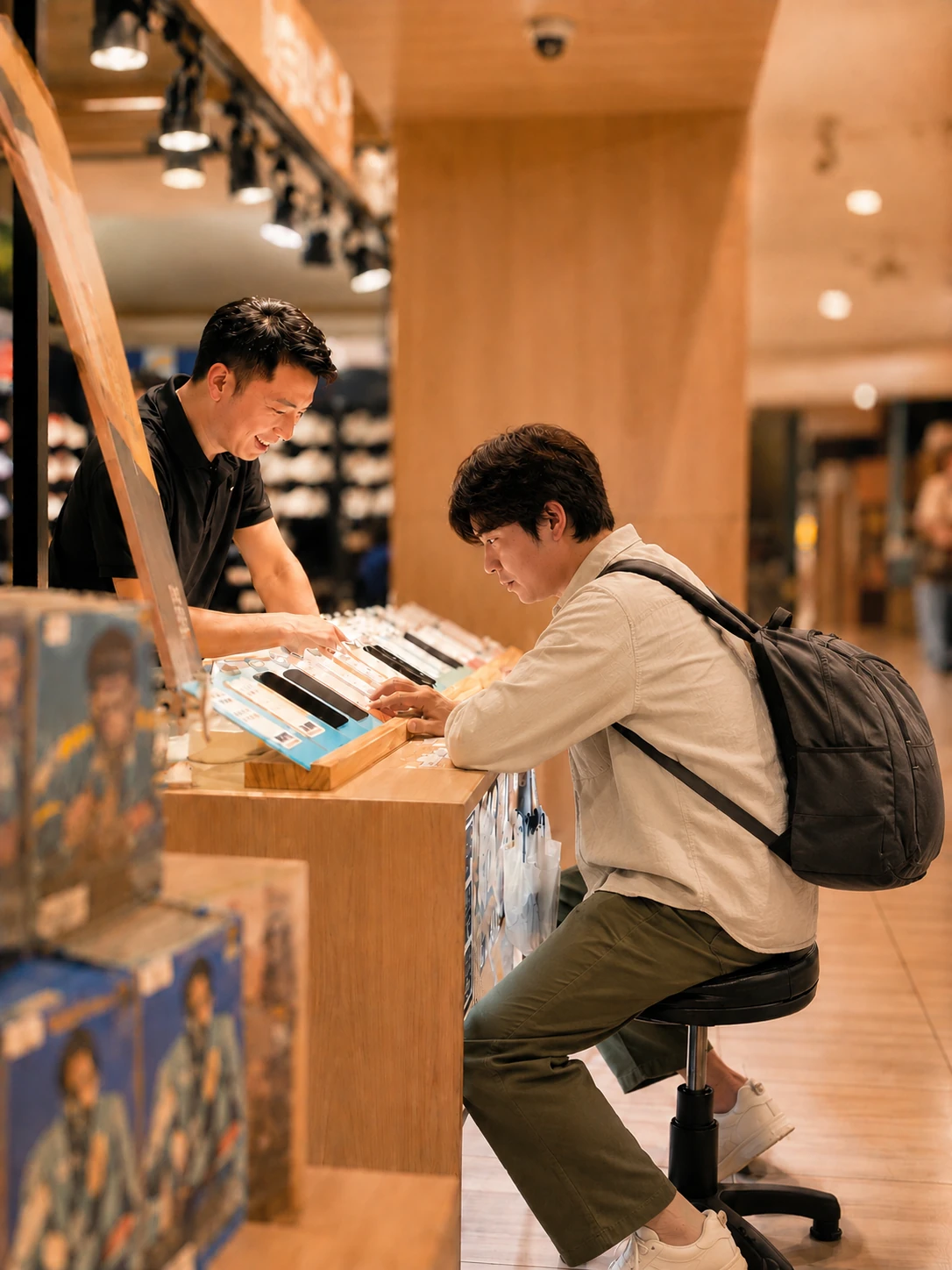 手機匠店員與顧客一同查看手機配件
